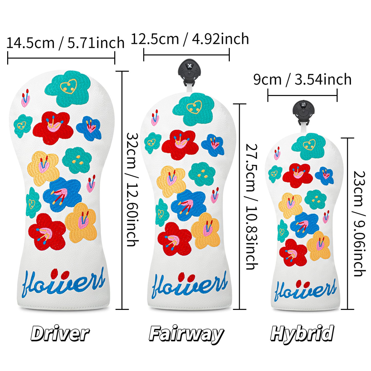 Floral embroidery Golf Club Covers Driver Headcovers Fairway 3 Wood Headcover Hybrid Cover Faux Leather Rescue Headcovers Golf Head Covers for Most Brand