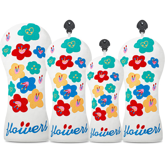 Floral embroidery Golf Club Covers Driver Headcovers Fairway 3 Wood Headcover Hybrid Cover Faux Leather Rescue Headcovers Golf Head Covers for Most Brand