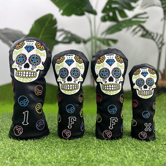Golf Club Covers – Funny Black Skull Driver Headcover, Fairway Wood & Hybrid, Cool Golf Headcovers Leather Embroidery
