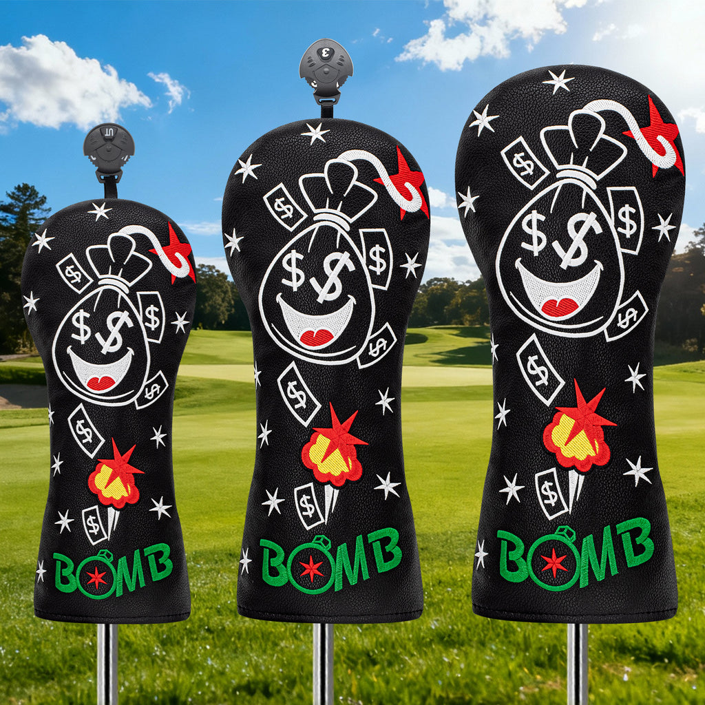 Funny Smiley Money Boom Golf Covers Bag Embroidery 4pcs or 1pcs PU Leather