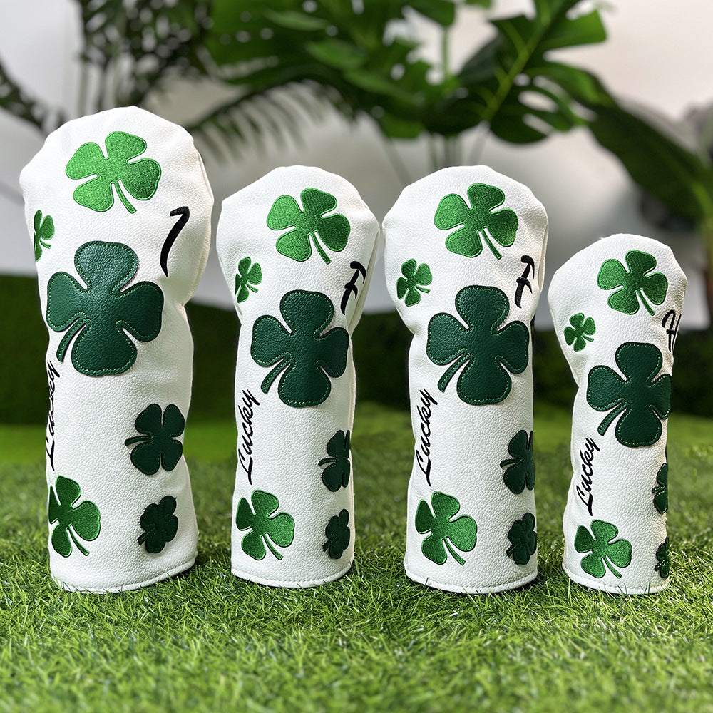 Lucky Clover Golf Wood Club Headcover Club Head Cover Protective - 4 Selections - Golf Driver Headcover/ Fairway Woods Cover/ Hybrid Rescue Headcover Exchangeable, White Synthetic Leather fits for All Brand Men Golfer