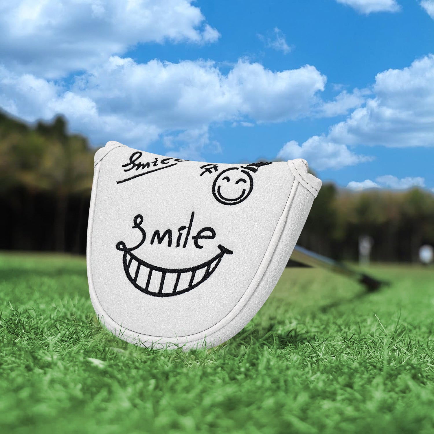 Smiley Face Embroidery Mallet Putter and Blade Putter Cover Magnetic Closure Synthetic PU Leather