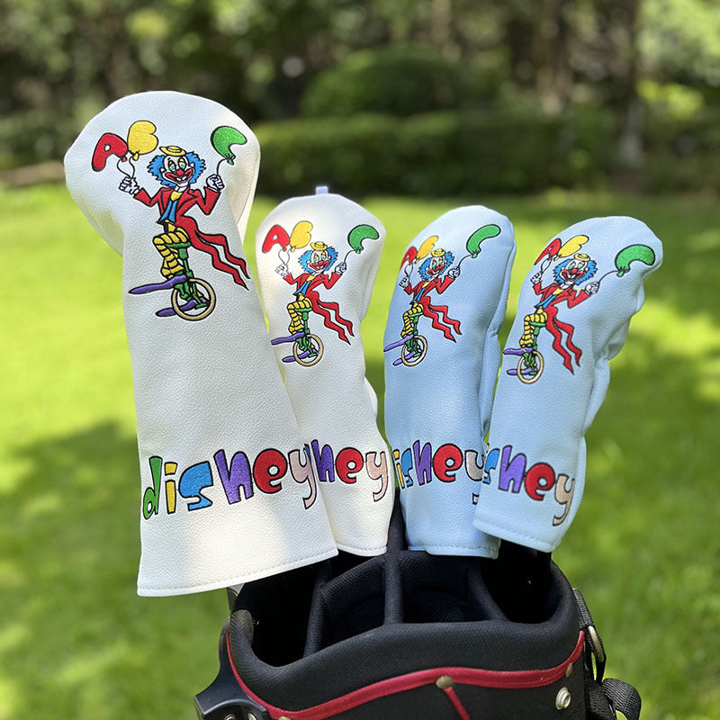 Golf Club Head Covers Funny Clown Driver Headcovers Fairway Wood Covers Hybrid Cover Elegant Embroidery Premium Leather Golf Mallet Blade Putter Cover