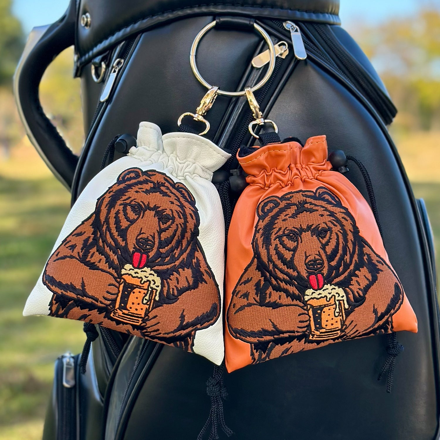 Funny Bear animal embroidery Golf Valuables Pouch, Golf Pouch Bag with Drawstrings Golf Tee Leather Tee Ball Bag