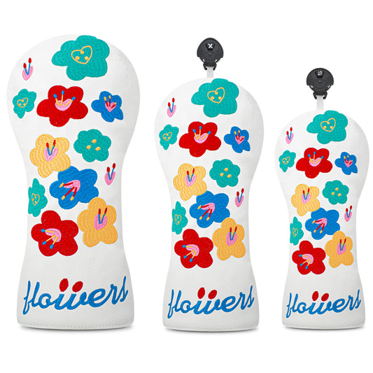 Floral embroidery Golf Club Covers Driver Headcovers Fairway 3 Wood Headcover Hybrid Cover Faux Leather Rescue Headcovers Golf Head Covers for Most Brand