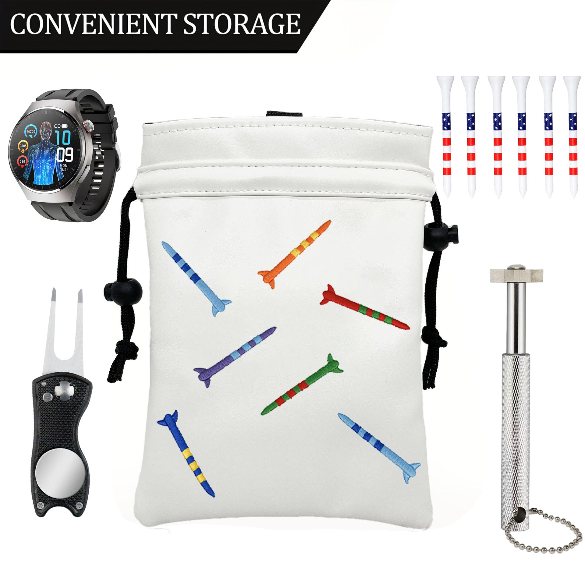 Colorful Tee golf Valuables Pouch,Golf Bag Pouch with Drawstrings Golf Tee Bag Leather