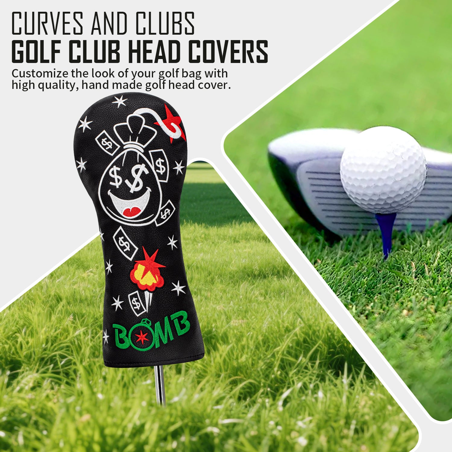 Funny Smiley Money Boom Golf Covers Bag Embroidery 4pcs or 1pcs PU Leather