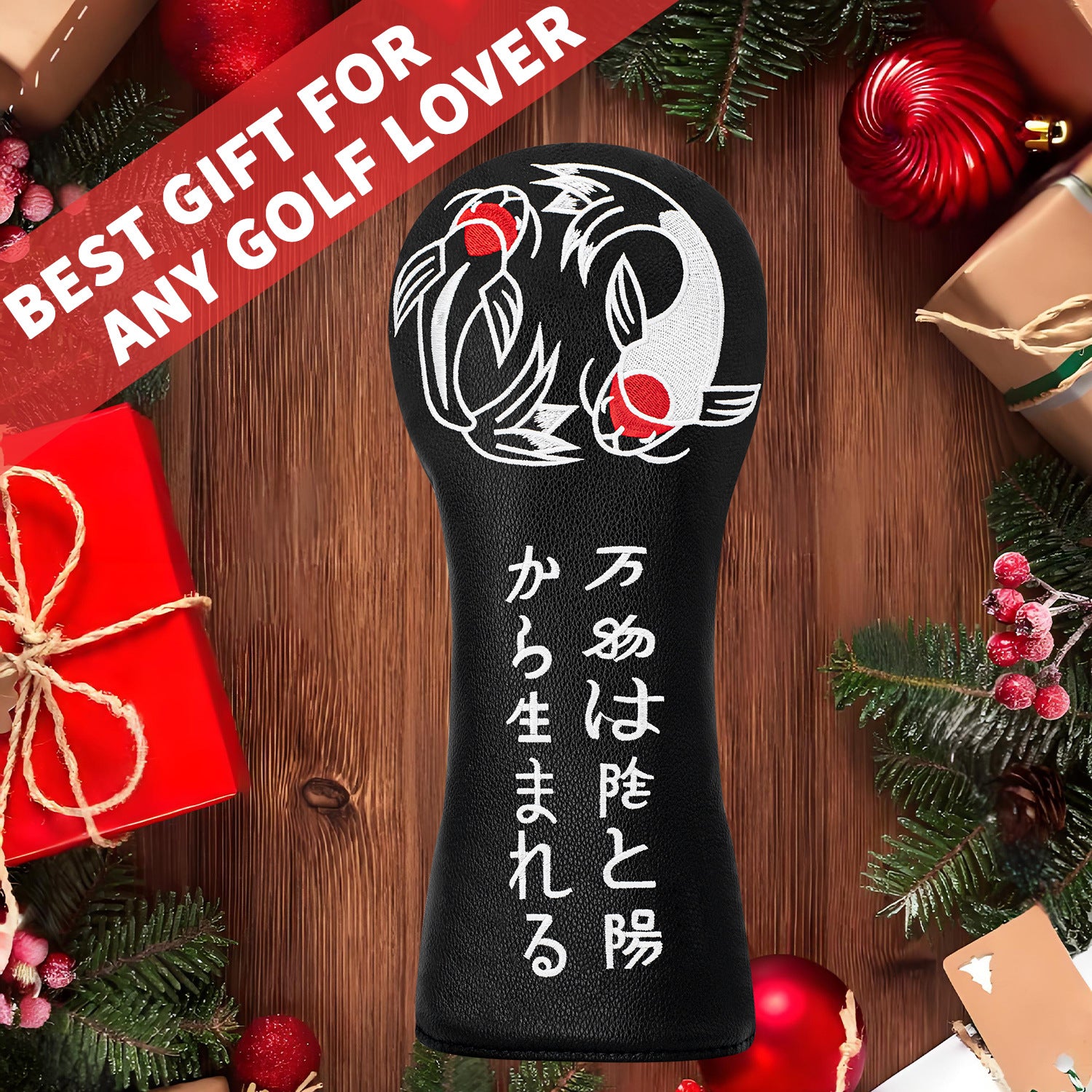 Golf Head Covers Koi Fish Embroidery PU Leather Premium Gift for Men Women