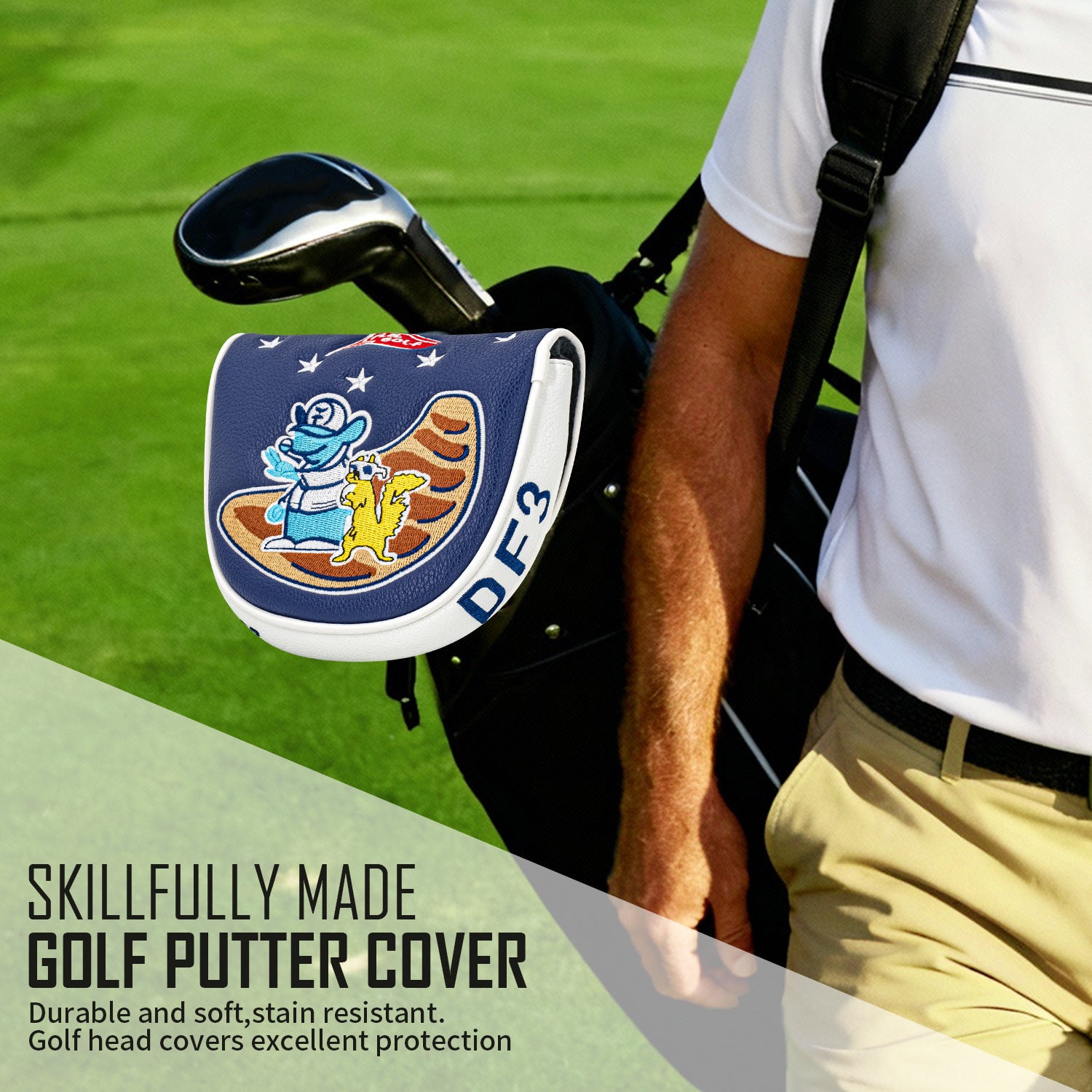 Square Putter Cover Cartoon Embroidery Pattern PU Leather Headcover