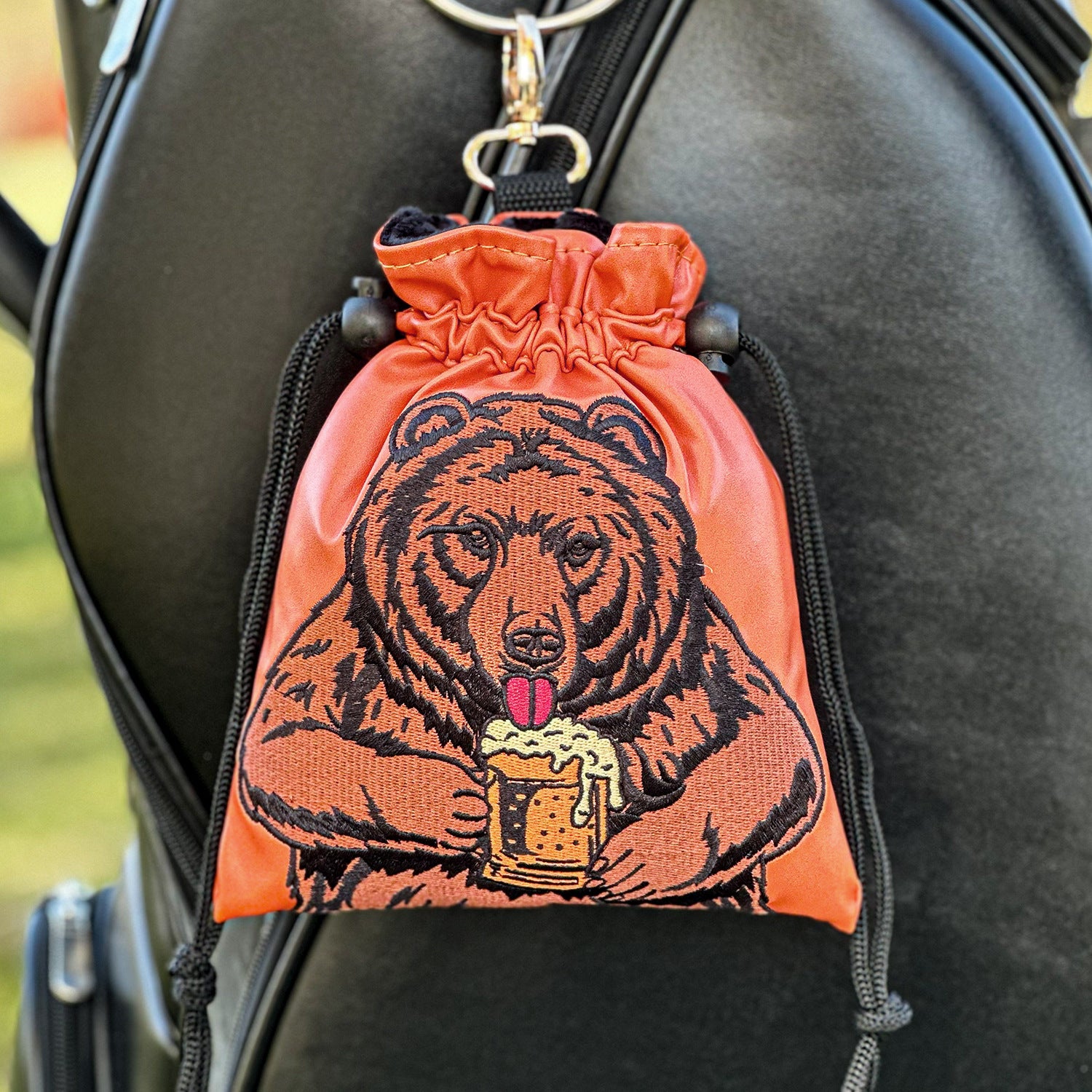 Funny Bear animal embroidery Golf Valuables Pouch, Golf Pouch Bag with Drawstrings Golf Tee Leather Tee Ball Bag