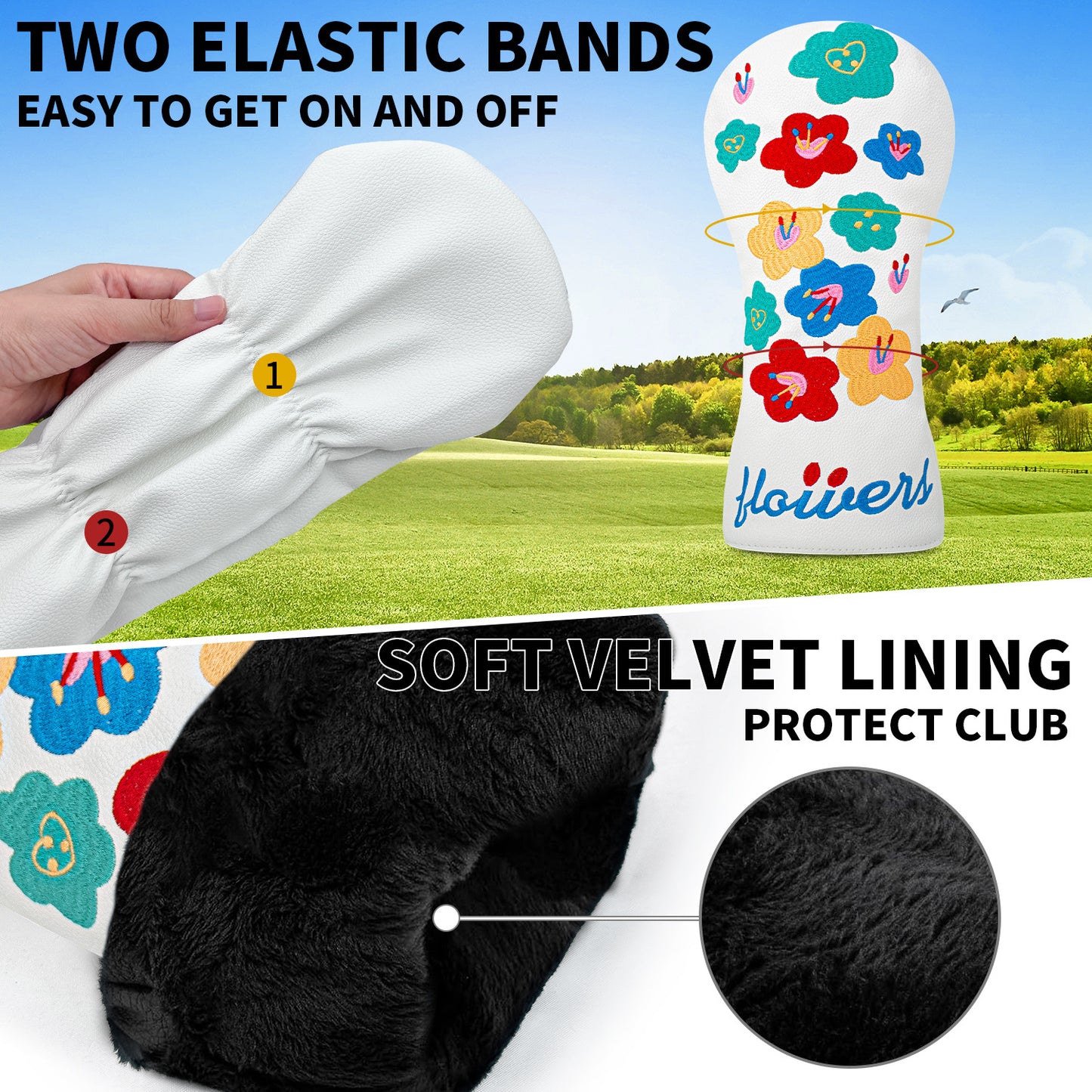 Floral embroidery Golf Club Covers Driver Headcovers Fairway 3 Wood Headcover Hybrid Cover Faux Leather Rescue Headcovers Golf Head Covers for Most Brand