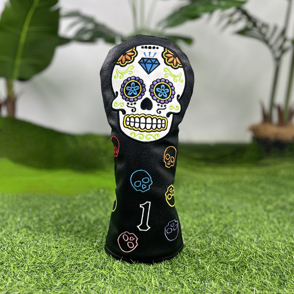 Golf Club Covers – Funny Black Skull Driver Headcover, Fairway Wood & Hybrid, Cool Golf Headcovers Leather Embroidery