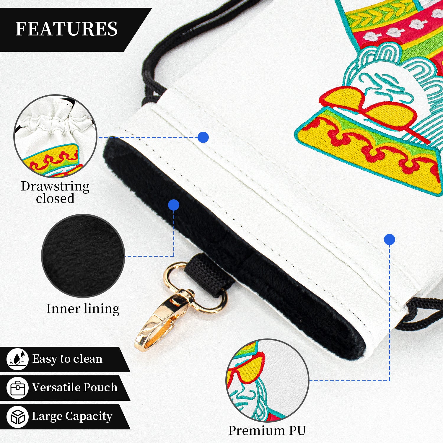 Golf Valuables Pouch Poker Embroidery Golf Pouch Bags with Drawstrings Leather Golf Tee Bag Pouchs