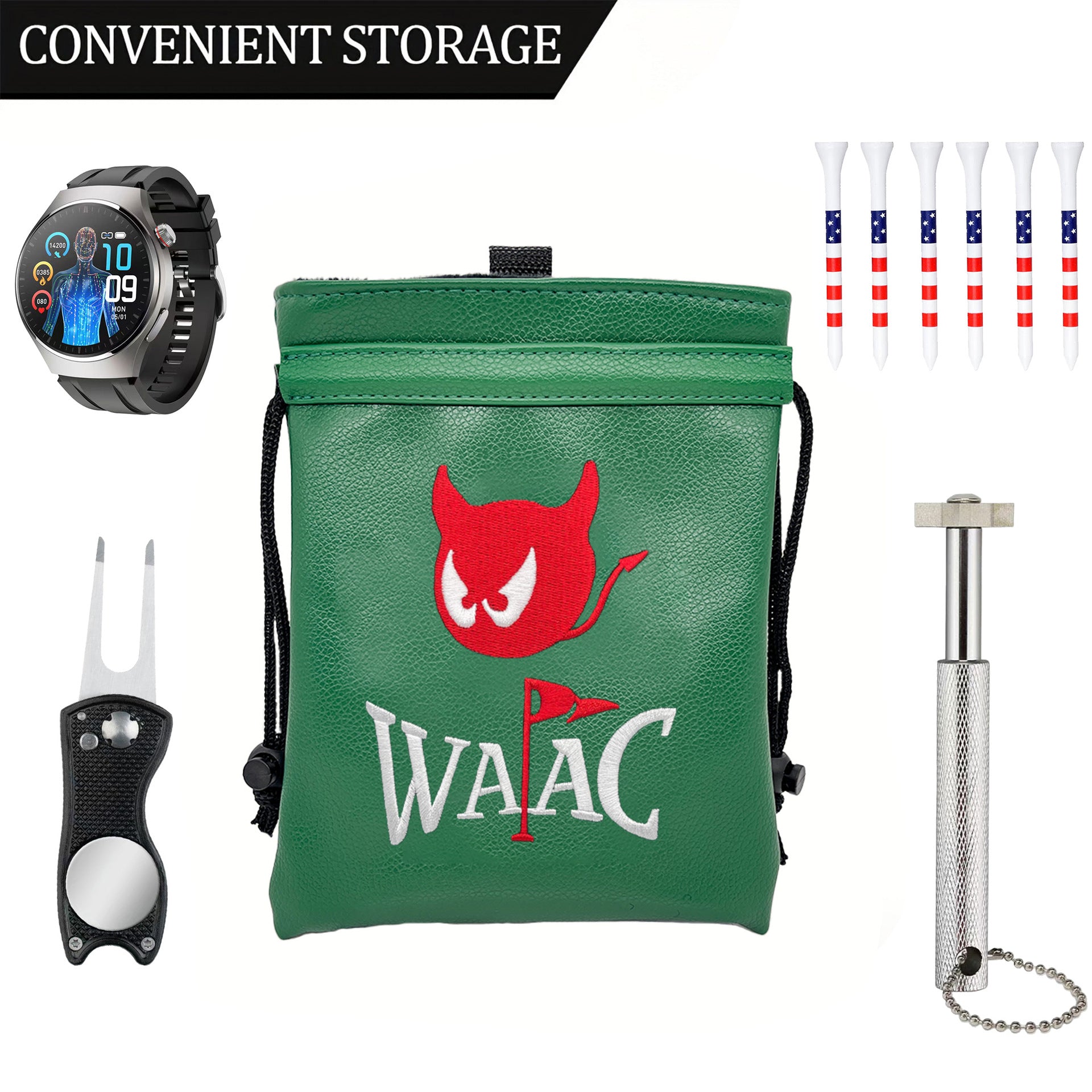 Golf Spikes Golf Valuables Pouch Bag with Drawstrings - Premium Faux Leather Tee Pouch