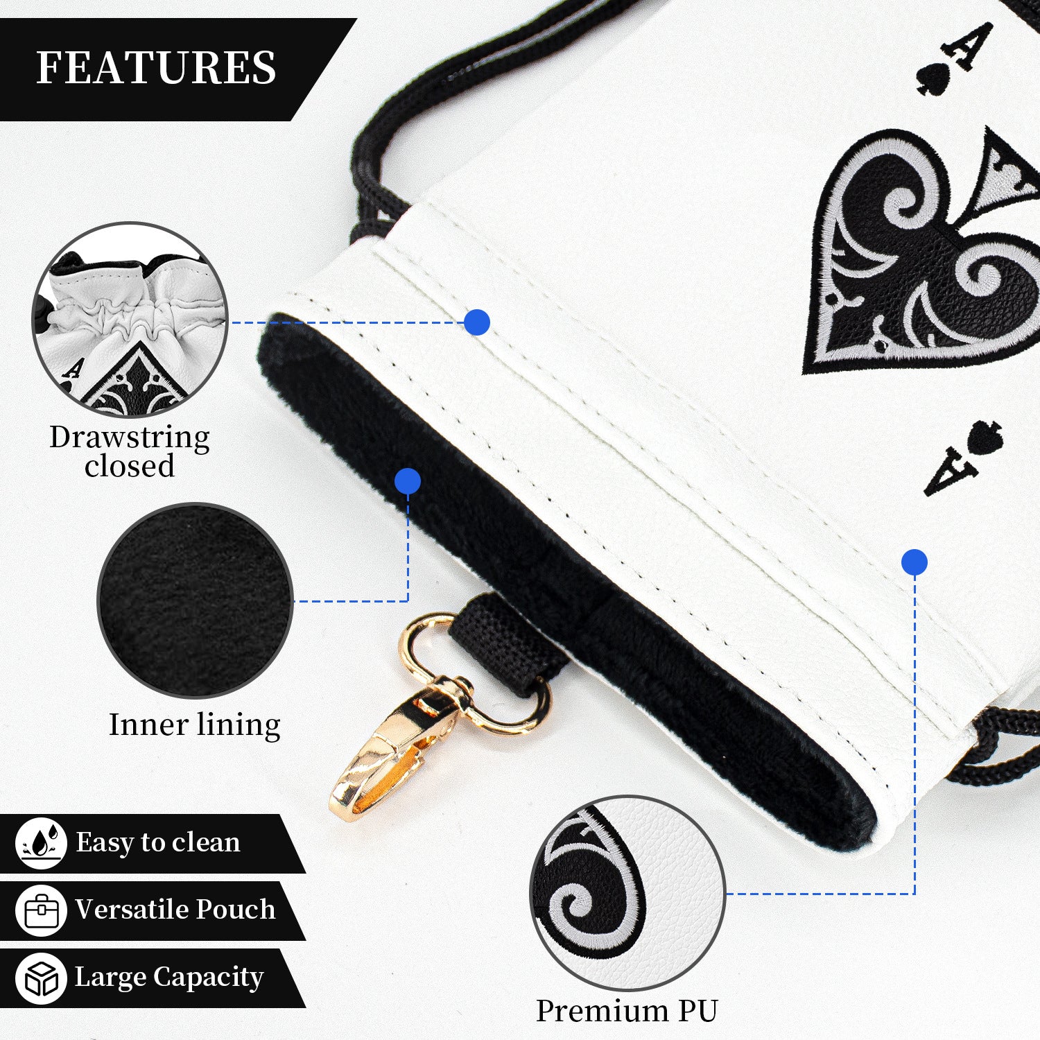 Ace of Spade Golf Valuables Bag with Drawstrings - Synthetic Leather Tee Pouch
