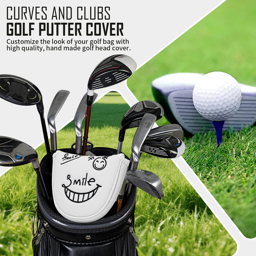 Smiley Face Embroidery Mallet Putter and Blade Putter Cover Magnetic Closure Synthetic PU Leather