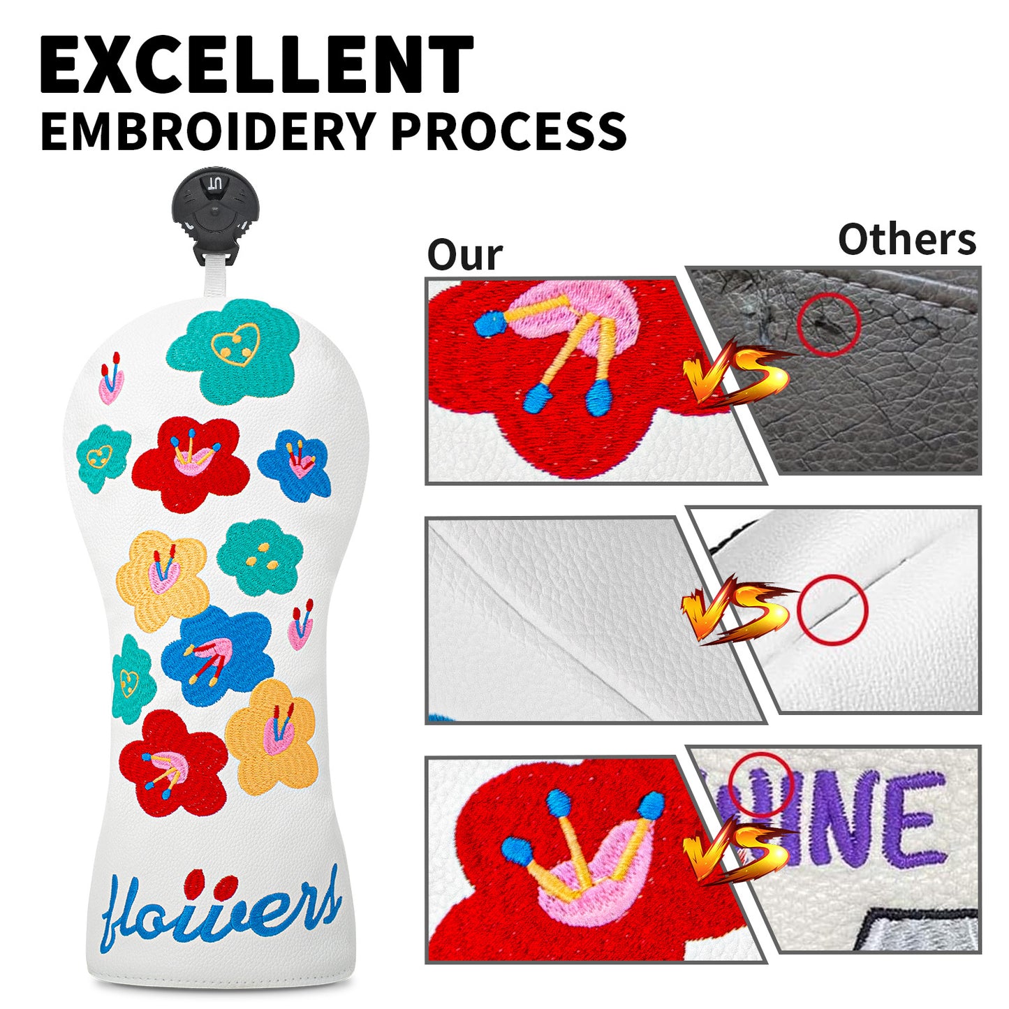 Floral embroidery Golf Club Covers Driver Headcovers Fairway 3 Wood Headcover Hybrid Cover Faux Leather Rescue Headcovers Golf Head Covers for Most Brand