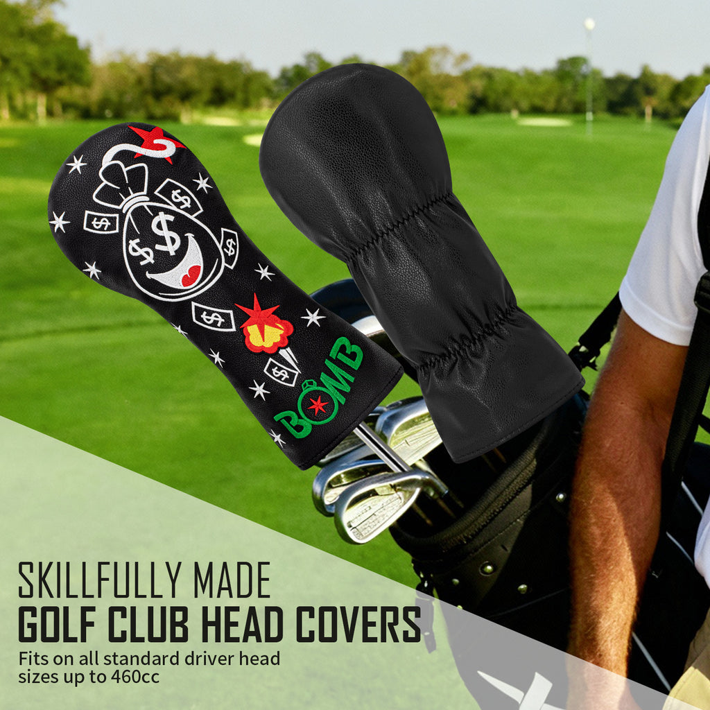 Funny Smiley Money Boom Golf Covers Bag Embroidery 4pcs or 1pcs PU Leather