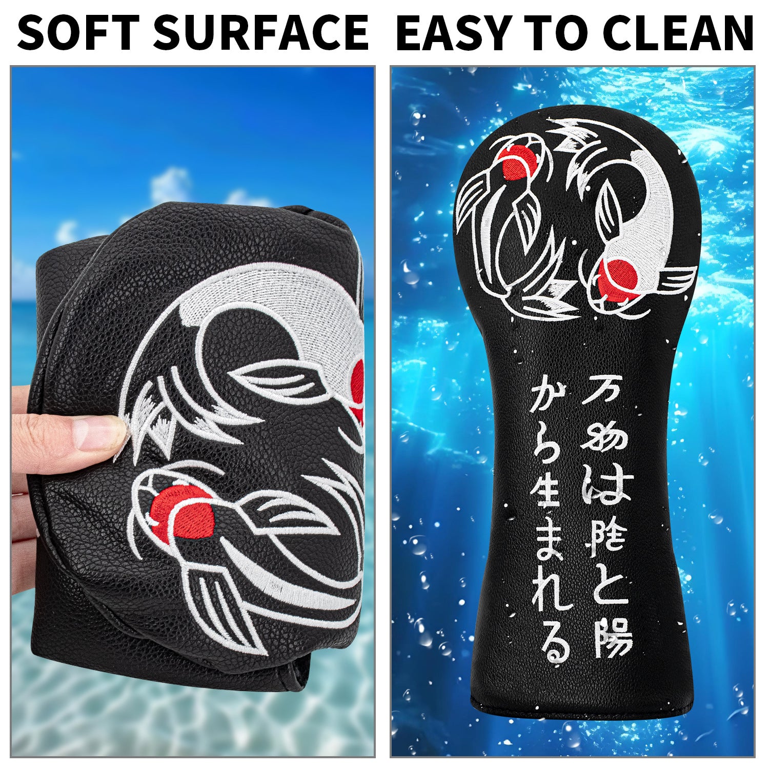 Golf Head Covers Koi Fish Embroidery PU Leather Premium Gift for Men Women