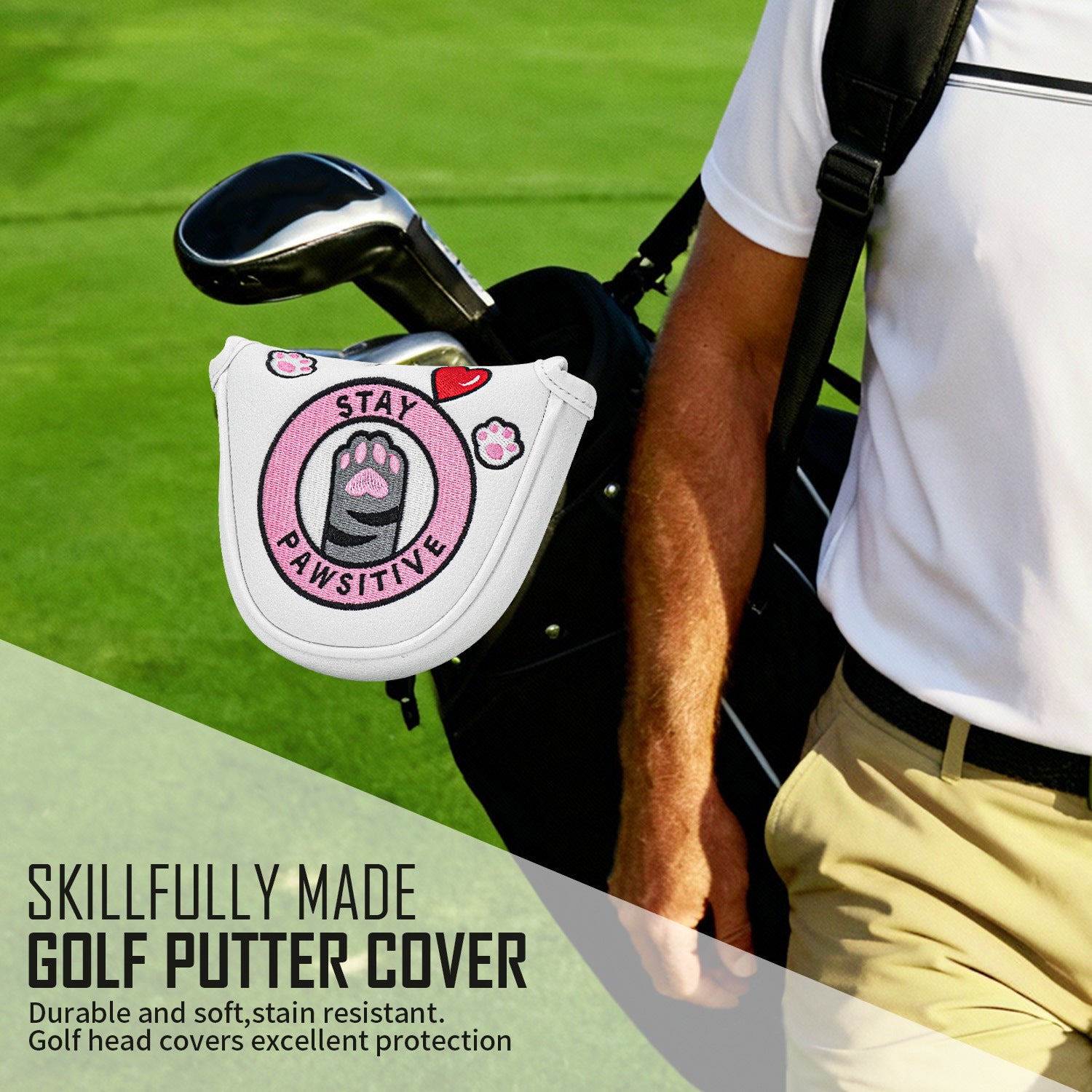 Putter Cover Magnetic Square Mallet Putter Head Cover Elegant  cute cat paw embroidery