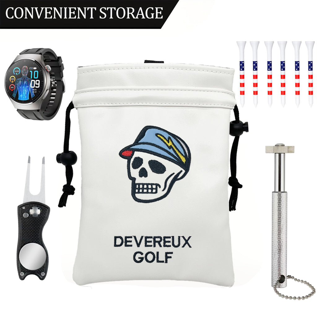 Golf Valuables Pouch skull with Drawstrings Leather Golf Tee Pouch
