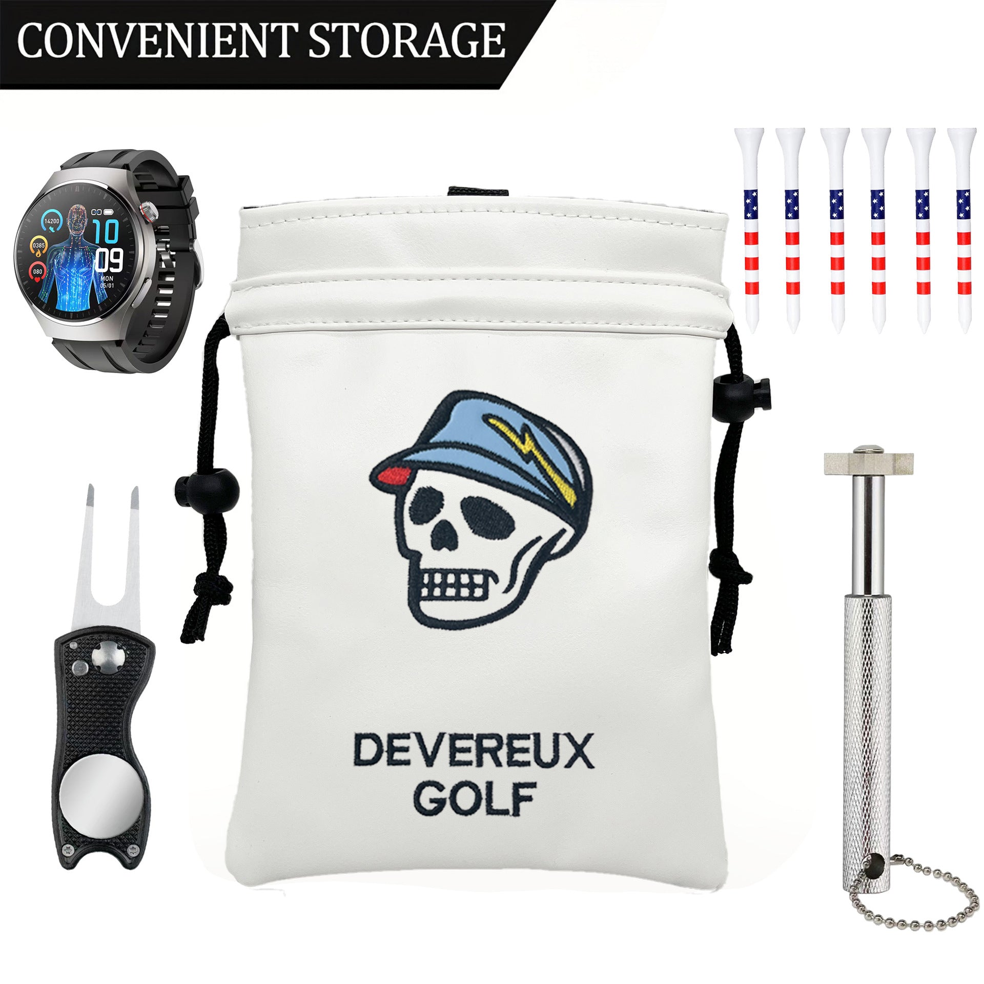 Golf Valuables Pouch skull with Drawstrings Leather Golf Tee Pouch