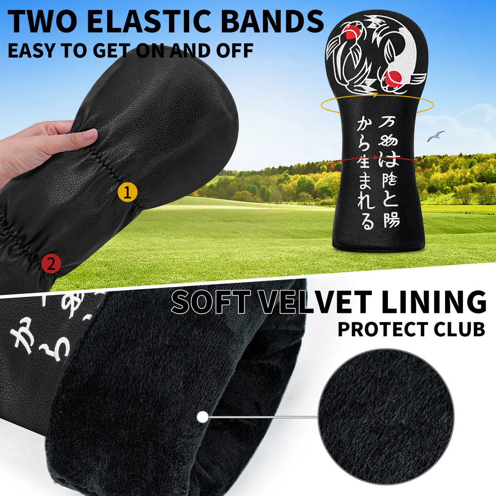 Golf Head Covers Koi Fish Embroidery PU Leather Premium Gift for Men Women