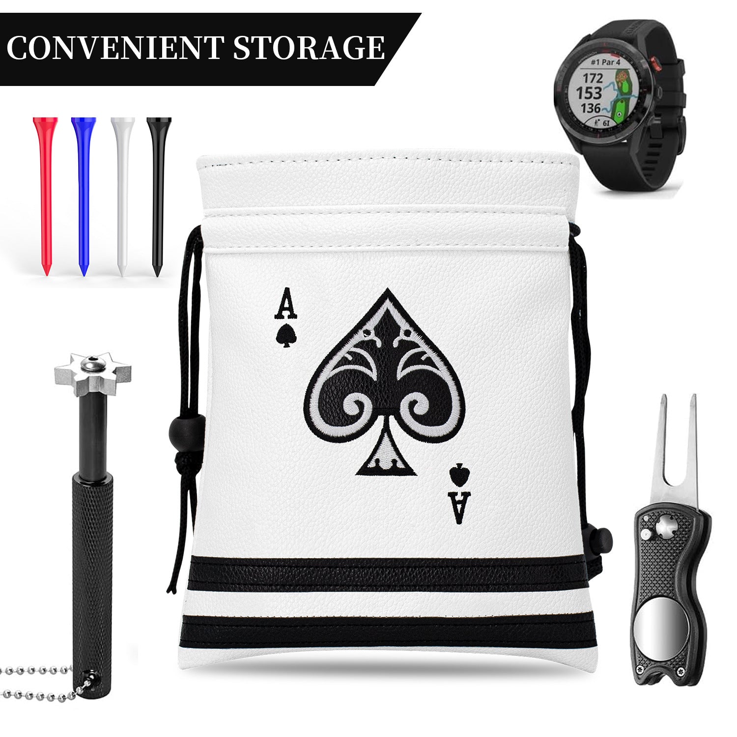 Ace of Spade Golf Valuables Bag with Drawstrings - Synthetic Leather Tee Pouch