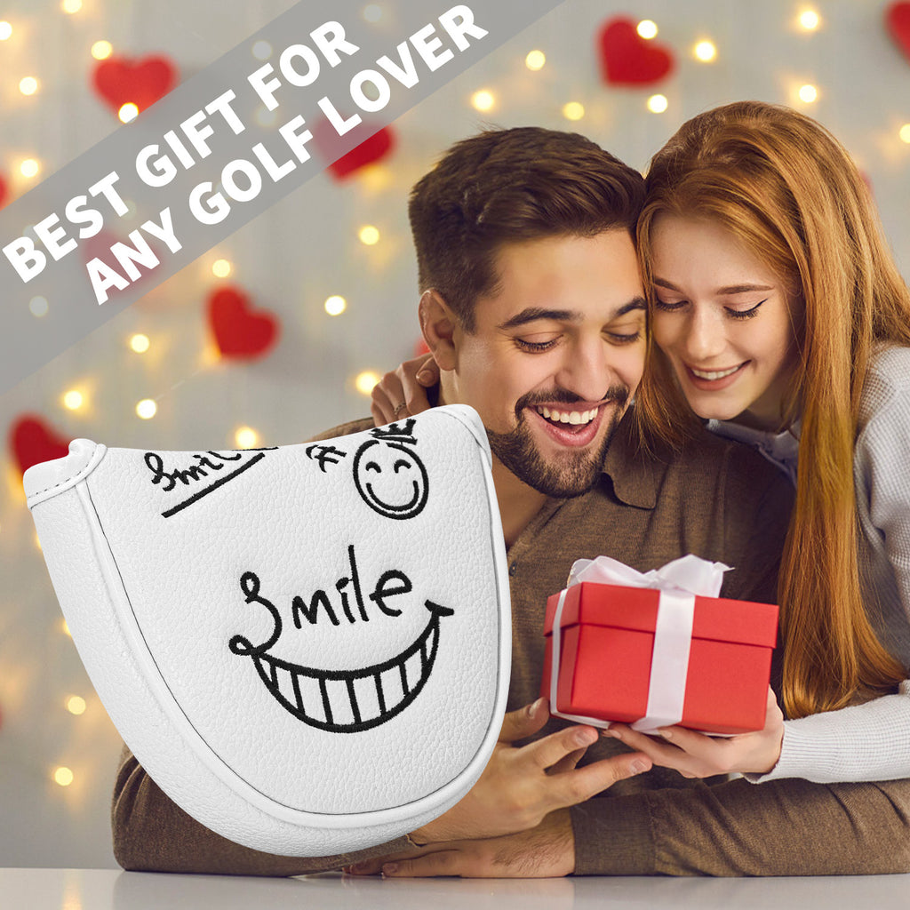 Smiley Face Embroidery Mallet Putter and Blade Putter Cover Magnetic Closure Synthetic PU Leather