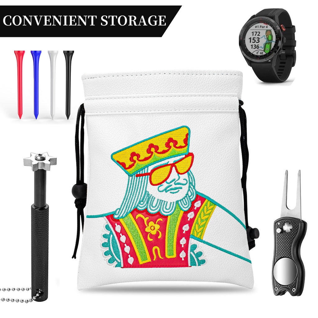 Golf Valuables Pouch Poker Embroidery Golf Pouch Bags with Drawstrings Leather Golf Tee Bag Pouchs