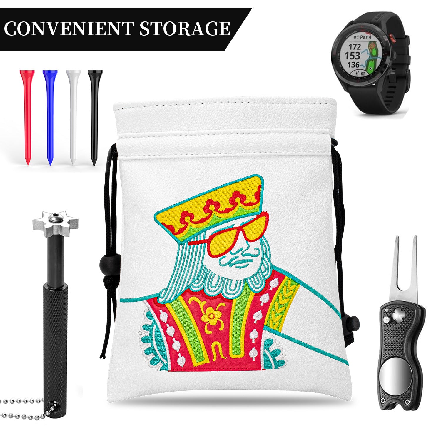 Golf Valuables Pouch Poker Embroidery Golf Pouch Bags with Drawstrings Leather Golf Tee Bag Pouchs