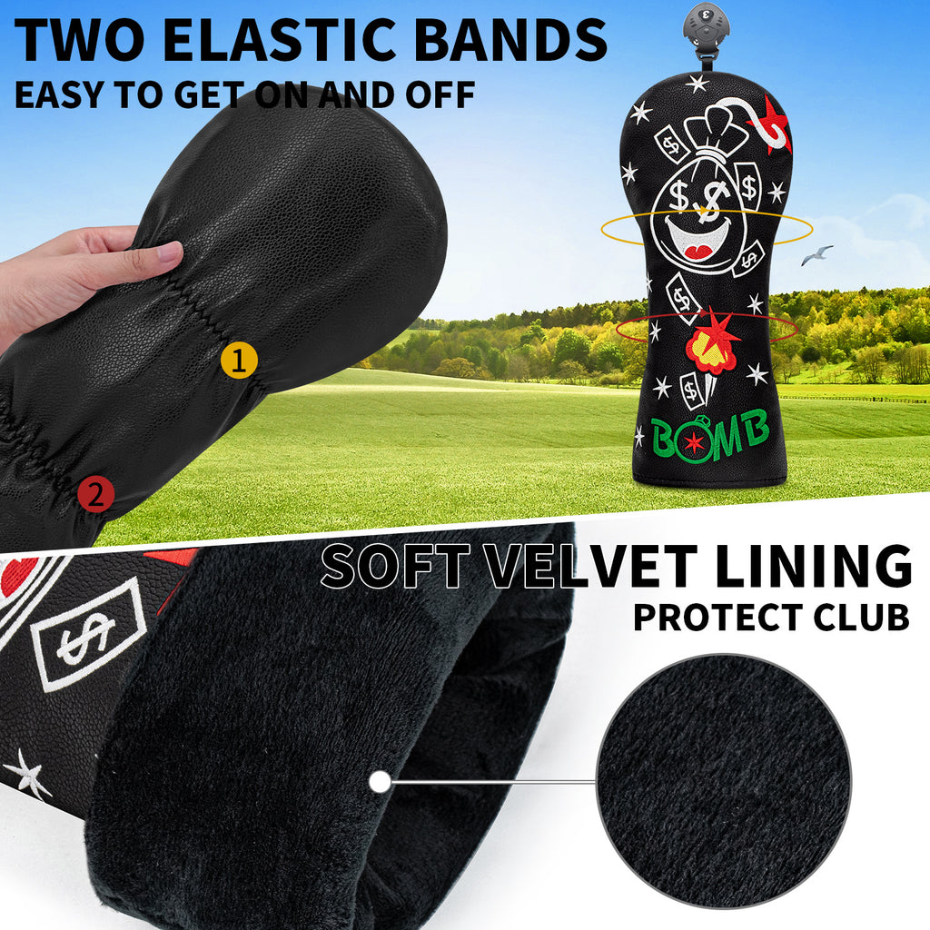 Funny Smiley Money Boom Golf Covers Bag Embroidery 4pcs or 1pcs PU Leather