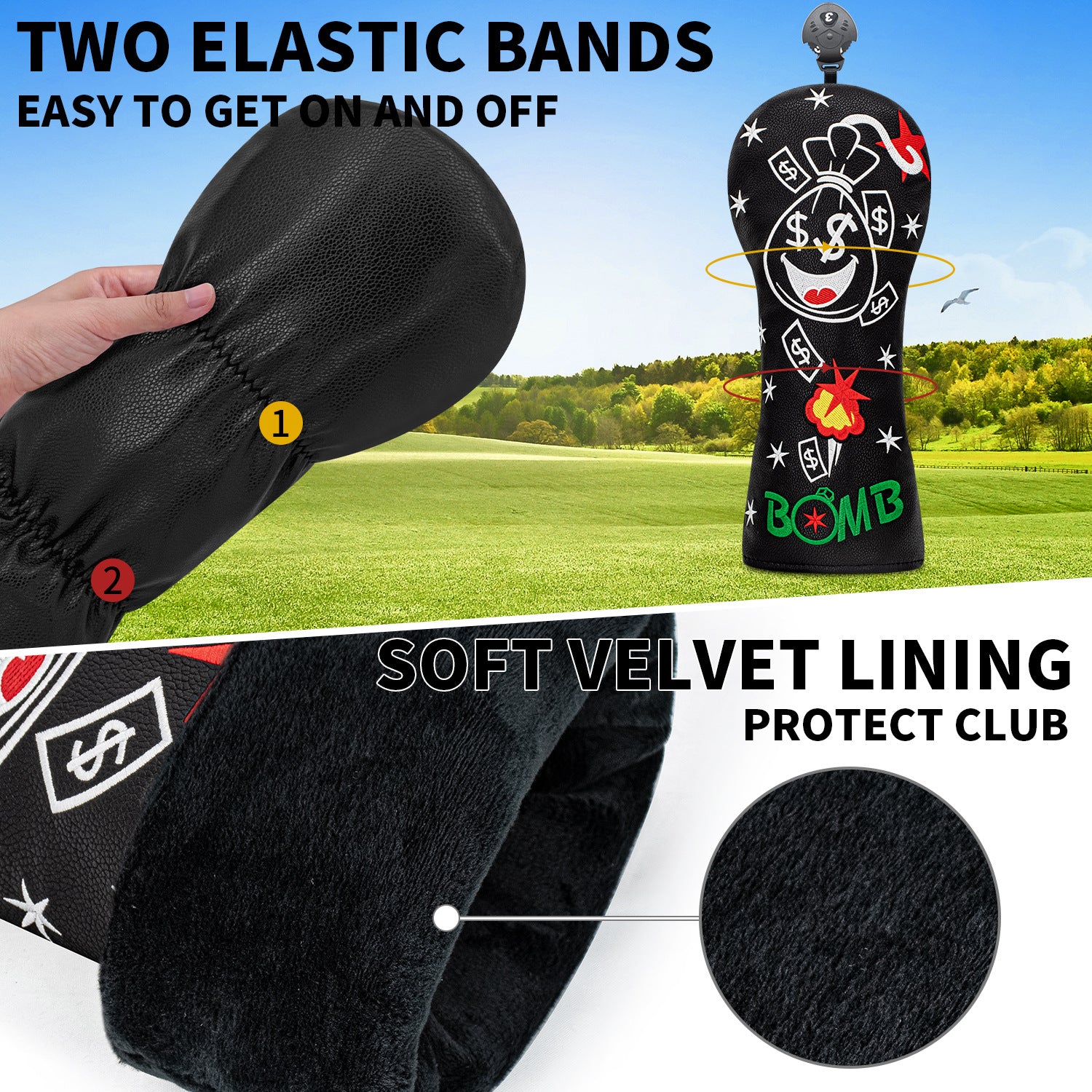 Funny Smiley Money Boom Golf Covers Bag Embroidery 4pcs or 1pcs PU Leather