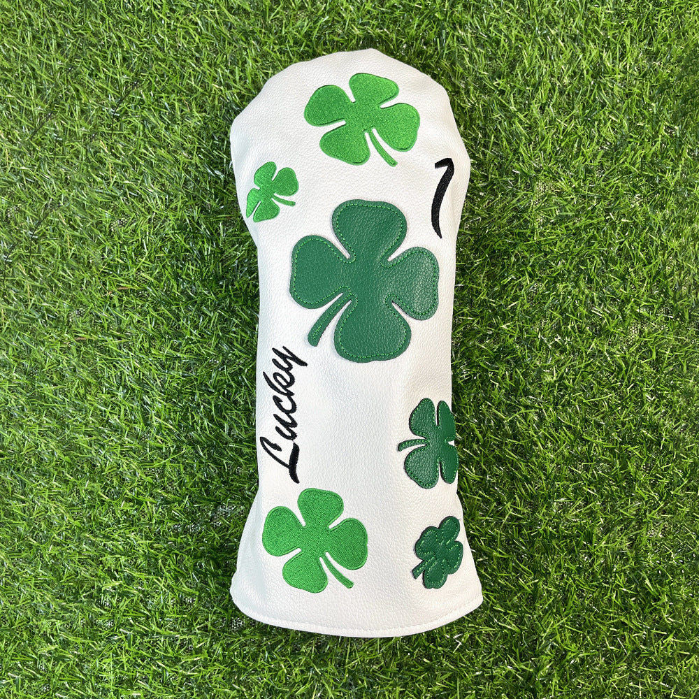 Lucky Clover Golf Wood Club Headcover Club Head Cover Protective - 4 Selections - Golf Driver Headcover/ Fairway Woods Cover/ Hybrid Rescue Headcover Exchangeable, White Synthetic Leather fits for All Brand Men Golfer