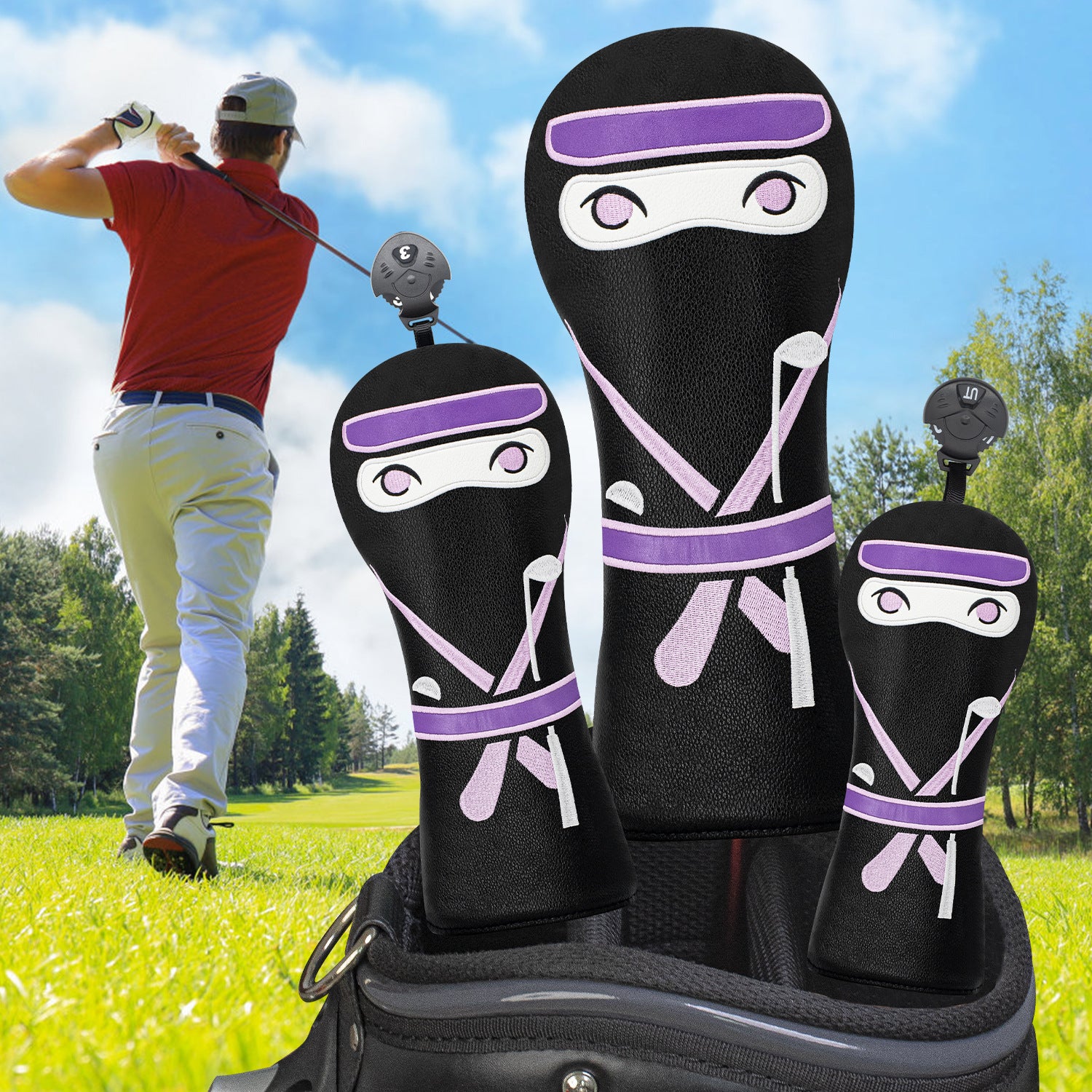 Golf Cover Set Creative Cartoon ninja for Men and Women  Fits Any Size