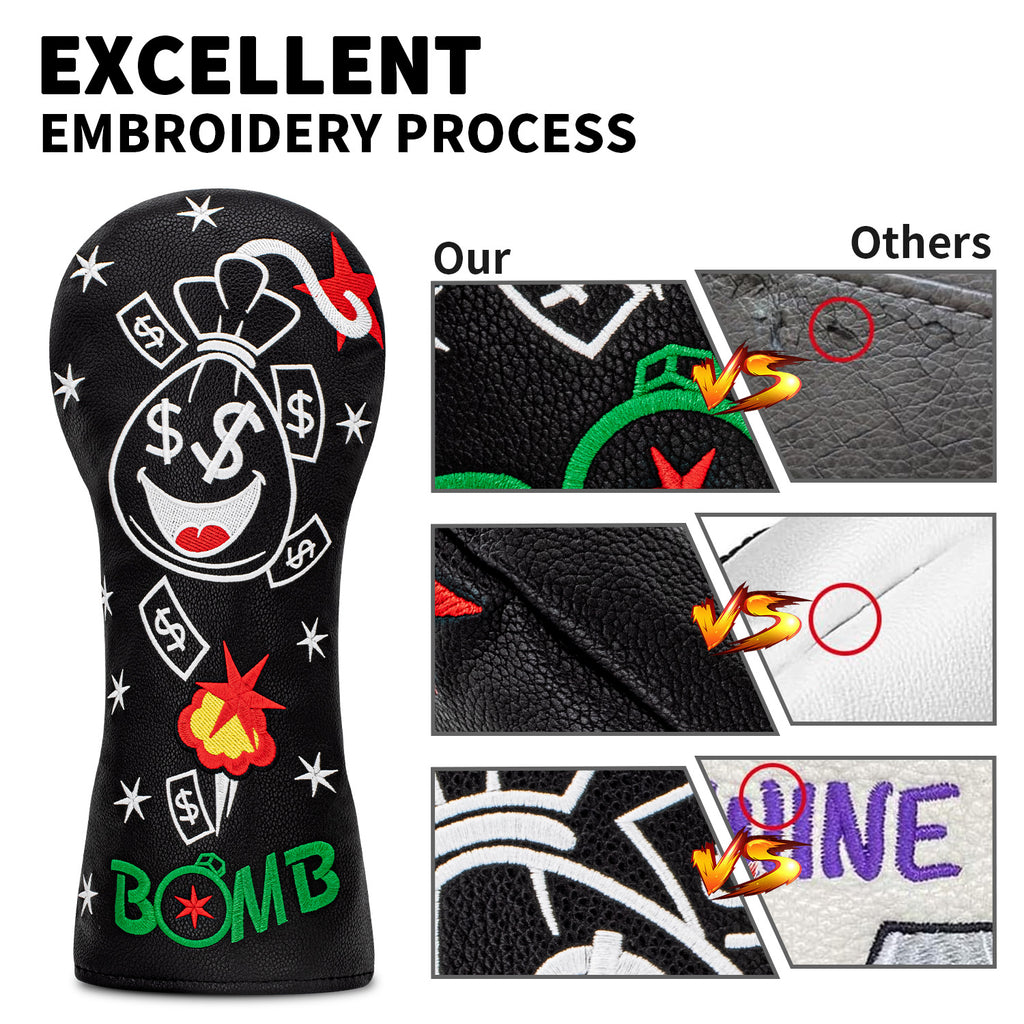Funny Smiley Money Boom Golf Covers Bag Embroidery 4pcs or 1pcs PU Leather