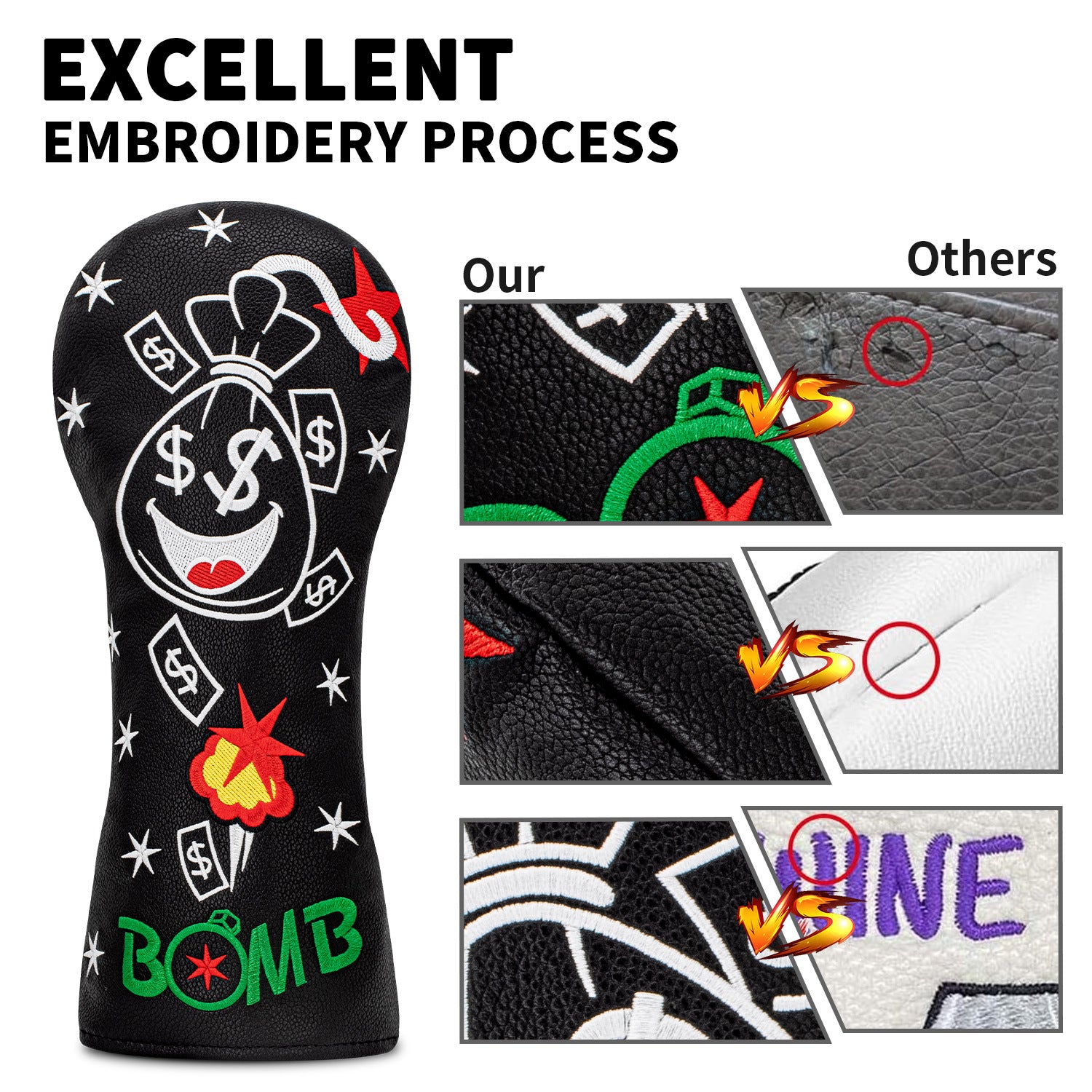 Funny Smiley Money Boom Golf Covers Bag Embroidery 4pcs or 1pcs PU Leather