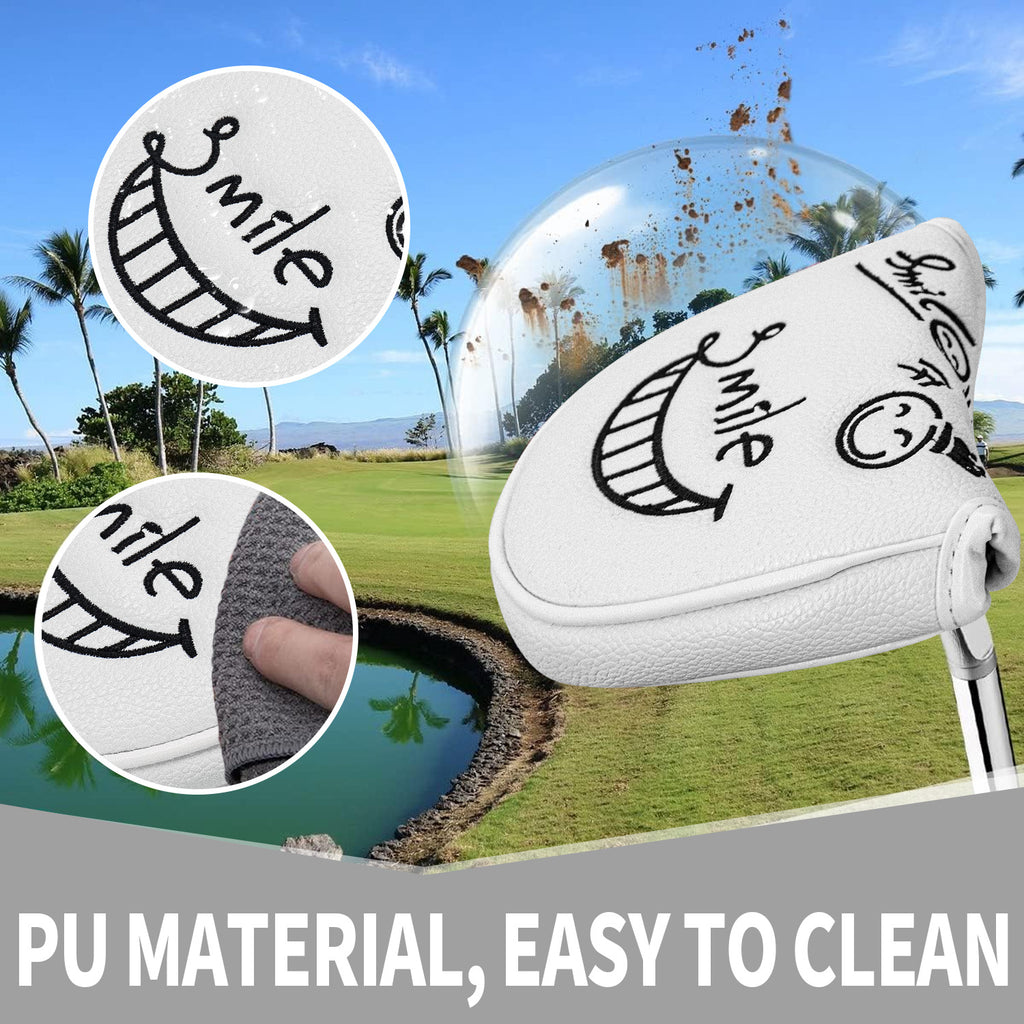Smiley Face Embroidery Mallet Putter and Blade Putter Cover Magnetic Closure Synthetic PU Leather