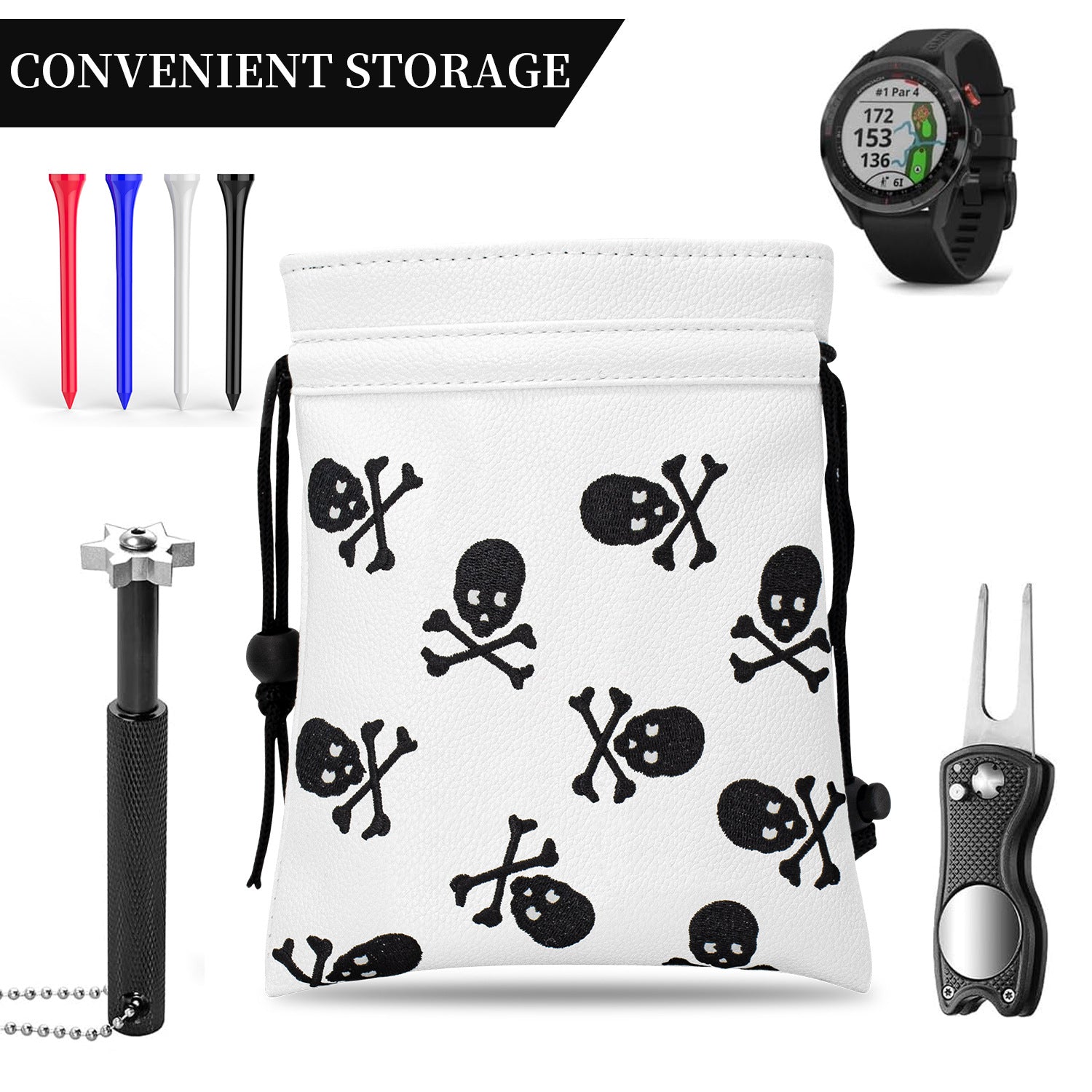 Golf Pouch tee black and white skull pattern for Men Women