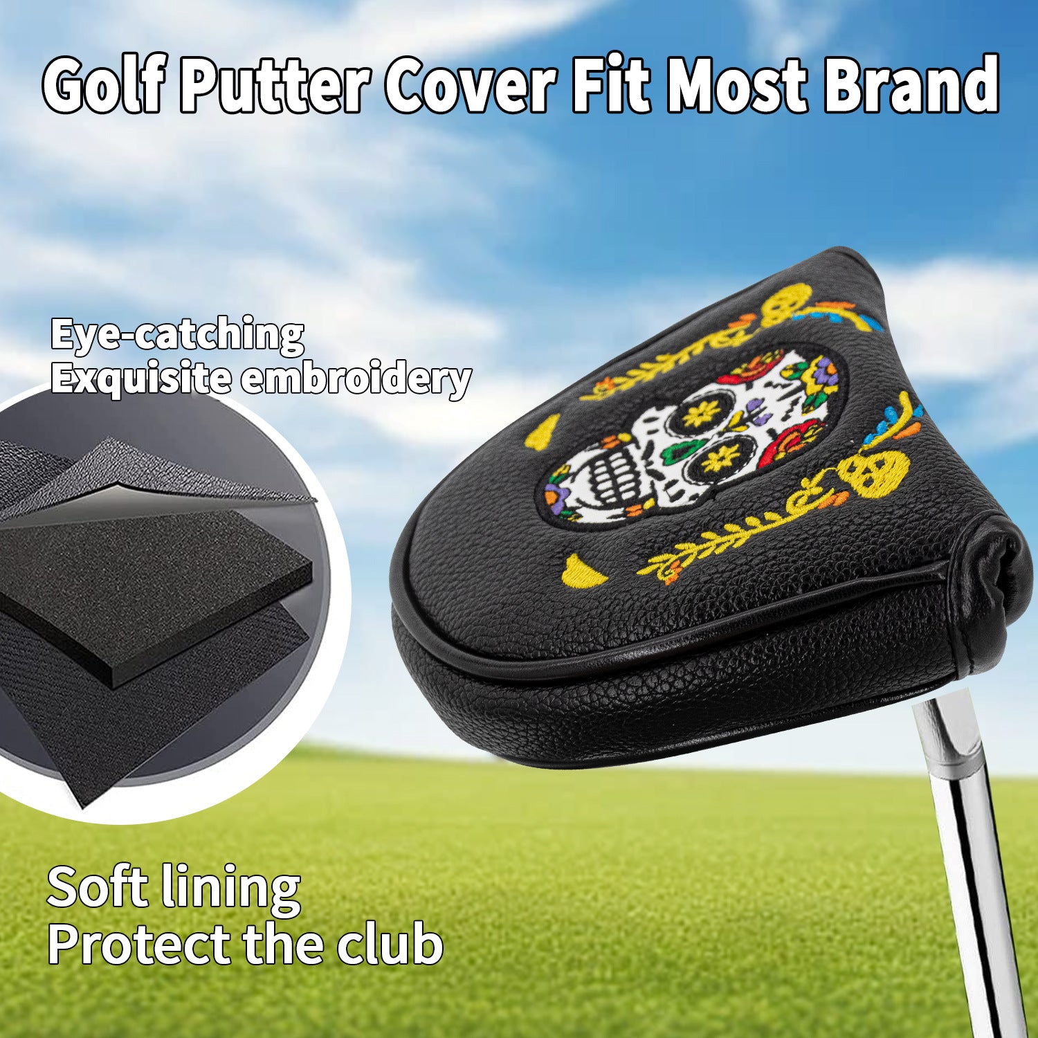 Personalized Day of the Dead Style skull putter cover