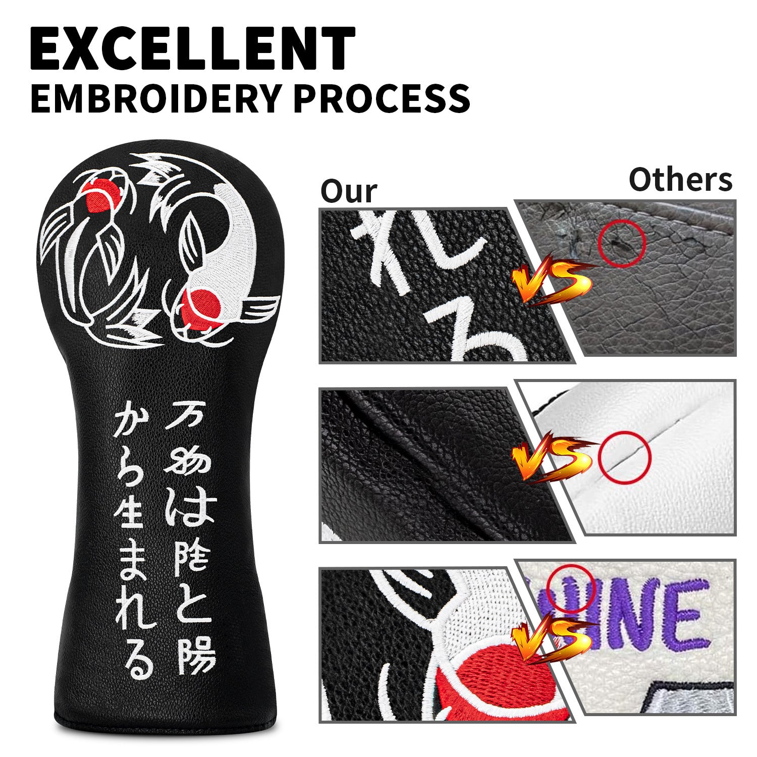 Golf Head Covers Koi Fish Embroidery PU Leather Premium Gift for Men Women