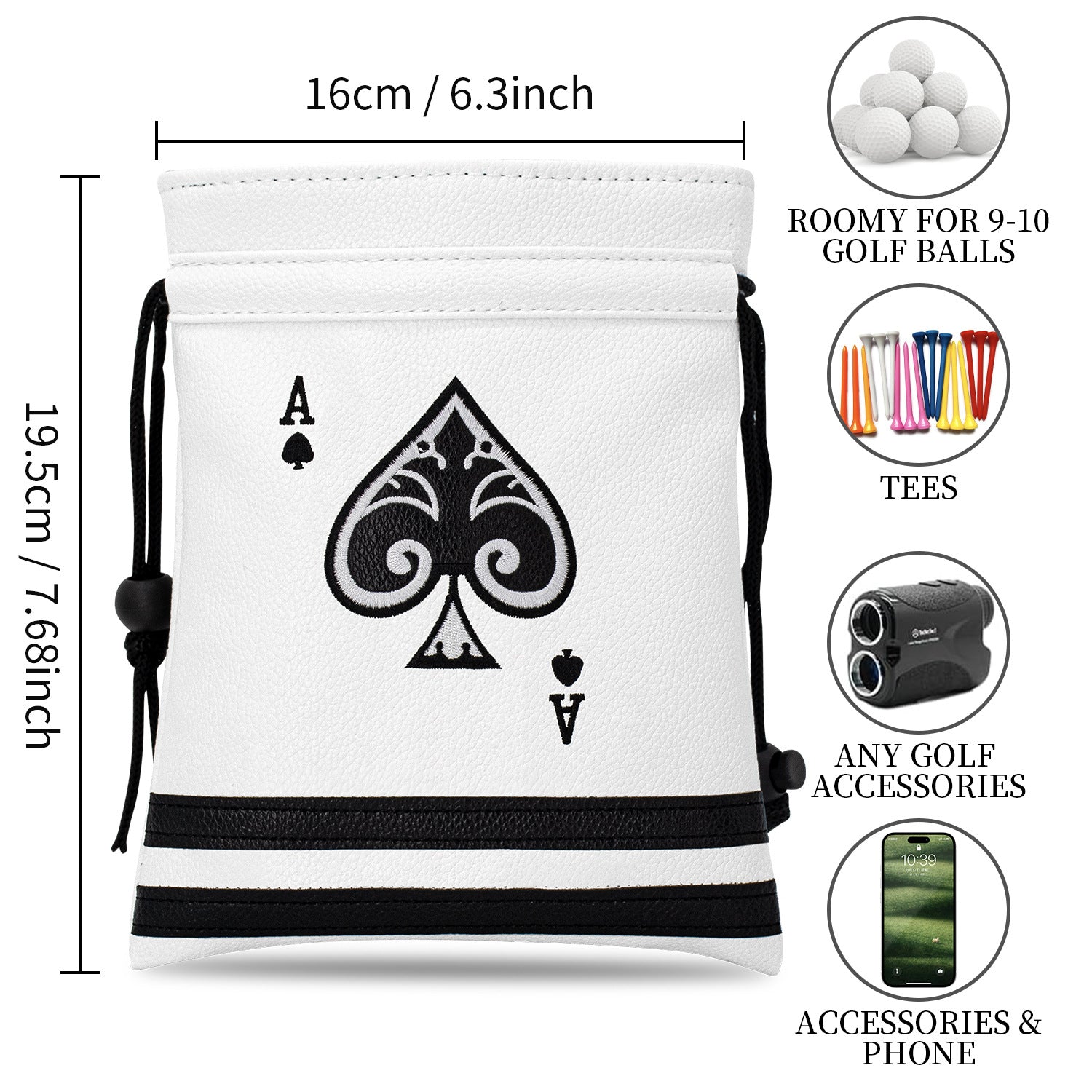 Ace of Spade Golf Valuables Bag with Drawstrings - Synthetic Leather Tee Pouch