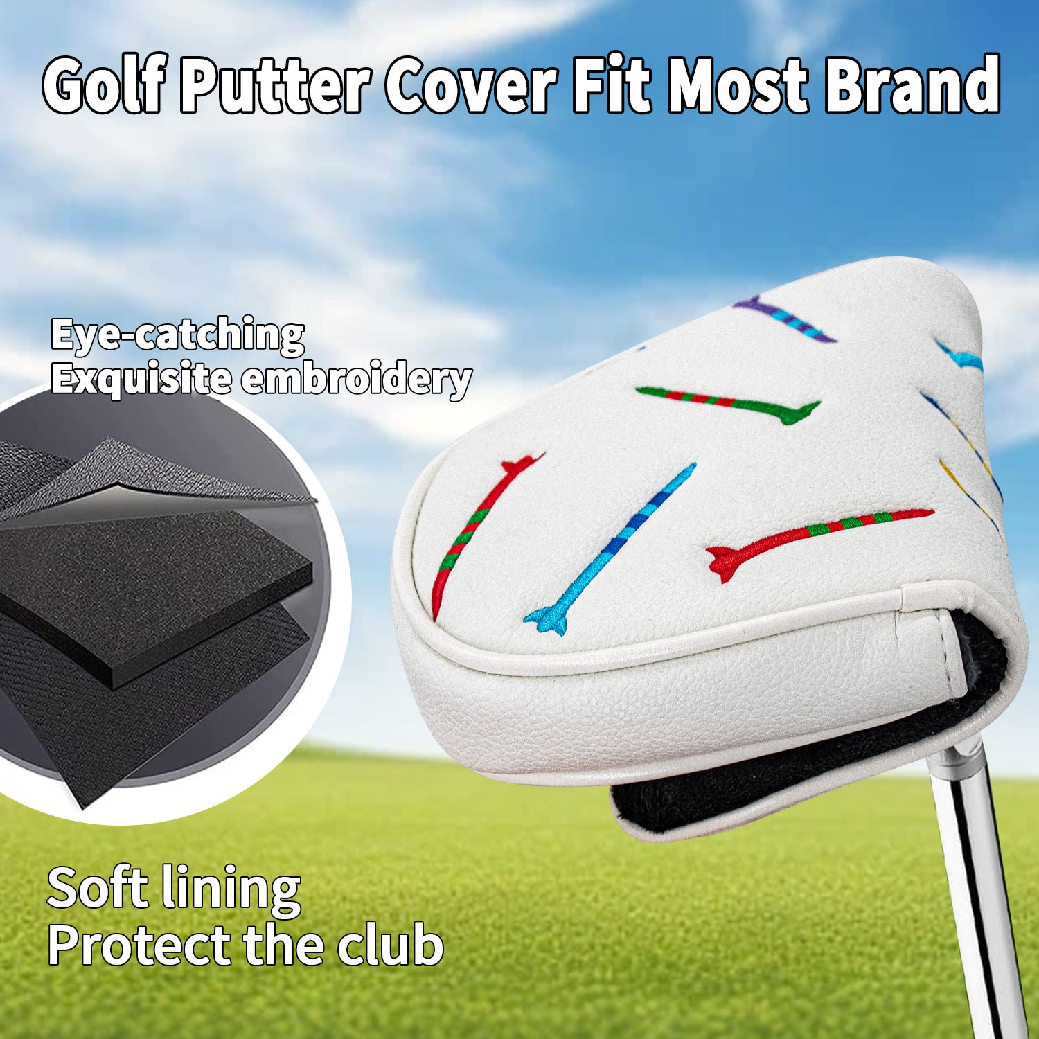 Square Putter Headcover Colorful Nail Embroidery for Most Brand