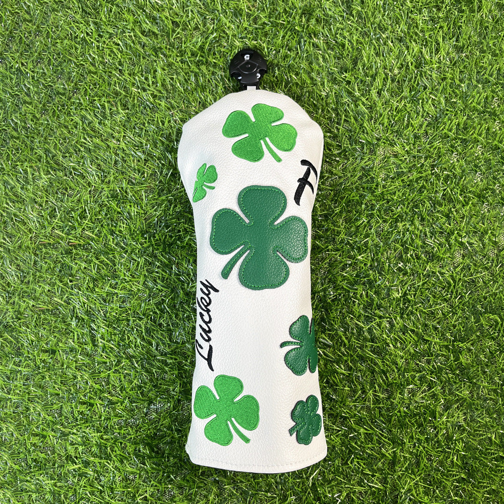 Lucky Clover Golf Wood Club Headcover Club Head Cover Protective - 4 Selections - Golf Driver Headcover/ Fairway Woods Cover/ Hybrid Rescue Headcover Exchangeable, White Synthetic Leather fits for All Brand Men Golfer