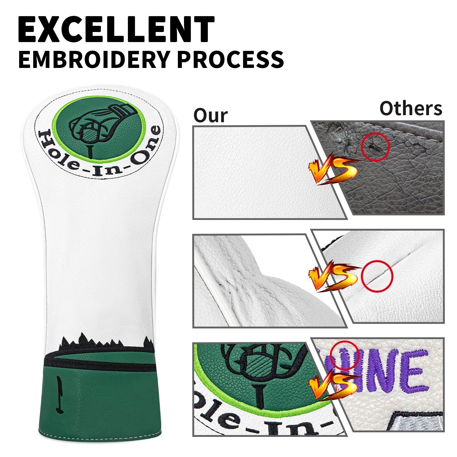 Hole-in-one Logo Embroidered Golf Head Covers Pu Leather Golf Accessories