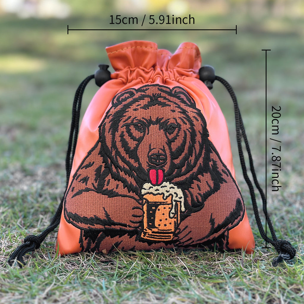 Funny Bear animal embroidery Golf Valuables Pouch, Golf Pouch Bag with Drawstrings Golf Tee Leather Tee Ball Bag