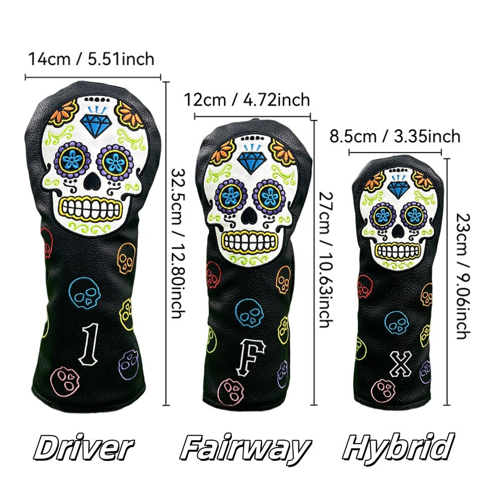 Golf Club Covers – Funny Black Skull Driver Headcover, Fairway Wood & Hybrid, Cool Golf Headcovers Leather Embroidery