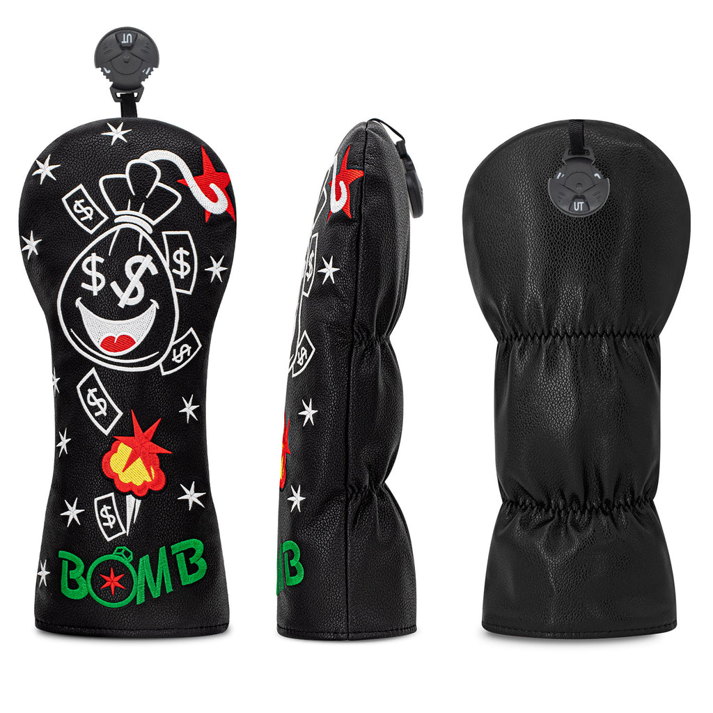 Funny Smiley Money Boom Golf Covers Bag Embroidery 4pcs or 1pcs PU Leather