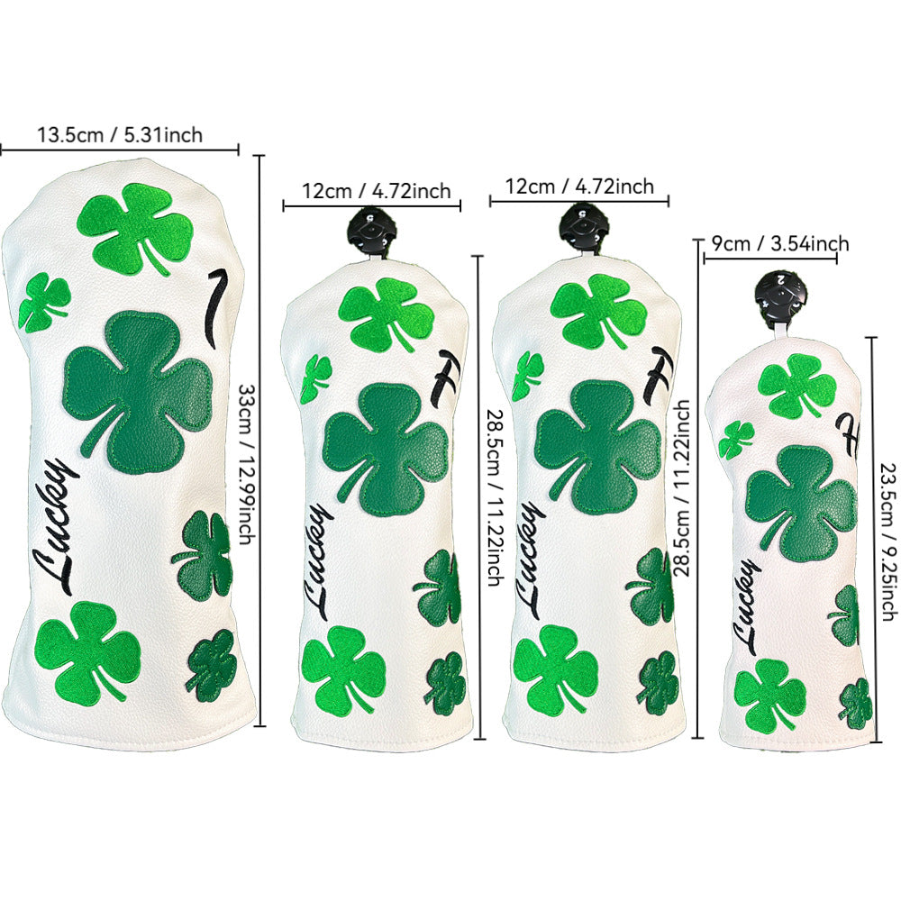 Lucky Clover Golf Wood Club Headcover Club Head Cover Protective - 4 Selections - Golf Driver Headcover/ Fairway Woods Cover/ Hybrid Rescue Headcover Exchangeable, White Synthetic Leather fits for All Brand Men Golfer