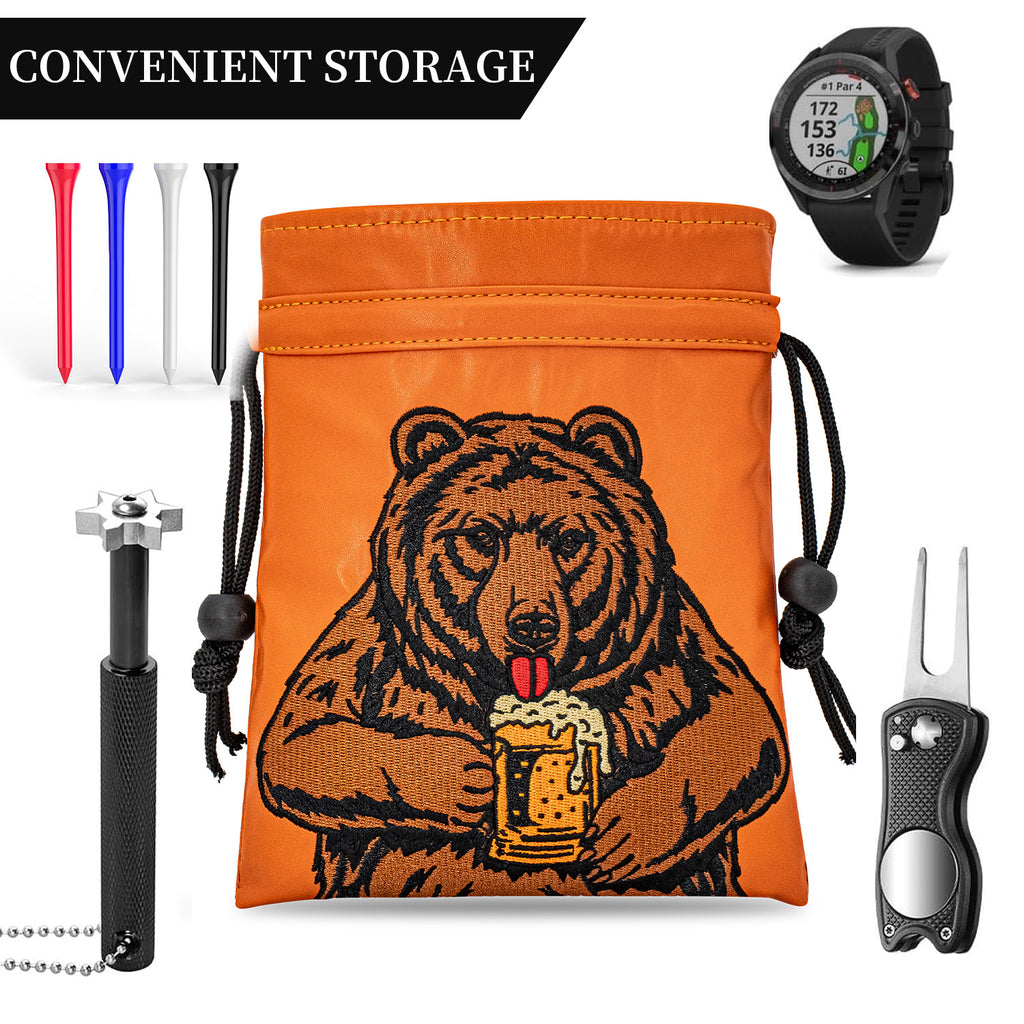Funny Bear animal embroidery Golf Valuables Pouch, Golf Pouch Bag with Drawstrings Golf Tee Leather Tee Ball Bag